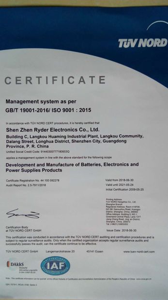 Chiny Shenzhen Ryder Electronics Co., Ltd. Certyfikaty